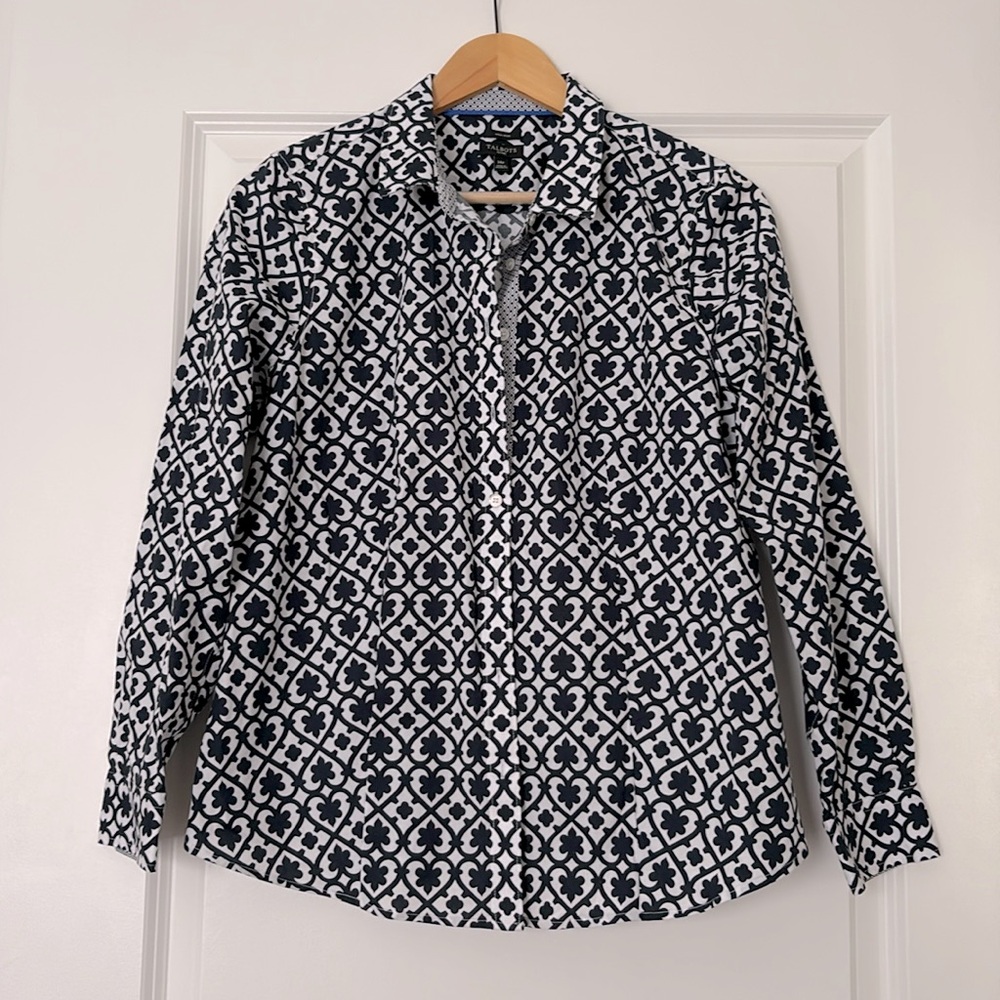 Talbots navy and white print button down
